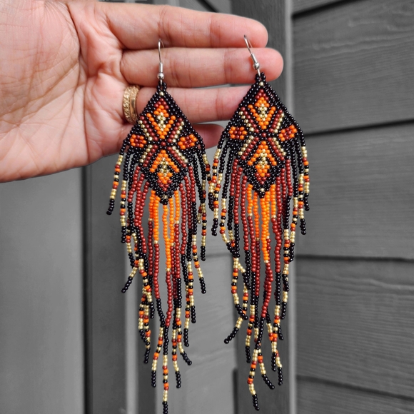 Hand Crafted Jewelry - Fire Southwestern Fringe Beaded Earrings Handmade Boho Jewelry Boheme